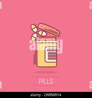 Das Symbol der Pille-Flasche im Comic-Stil. Medizinische Kapseln Karikaturvektorillustration auf isoliertem Hintergrund. Arzneimittelzeichen-Business-Konzept-Splash-Effekt. Stock Vektor