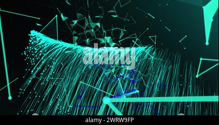 Bild des Verbindungsnetzes über der Explosion von Grünlichtspuren Stockfoto