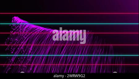 Digitale Kunst mit rosa, grünen Linien und violetten Lichtexplosionen auf Schwarz. Stockfoto