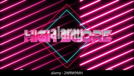 Bild des Highscore-Textes über Neonbanner und neonrosa Lichtspuren in nahtlosem Muster Stockfoto