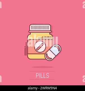 Das Symbol der Pille-Flasche im Comic-Stil. Medizinische Kapseln Karikaturvektorillustration auf isoliertem Hintergrund. Arzneimittelzeichen-Business-Konzept-Splash-Effekt. Stock Vektor