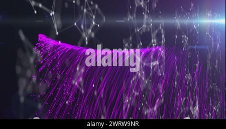 Bild des Verbindungsnetzes über Explosion violetter Lichtspuren Stockfoto