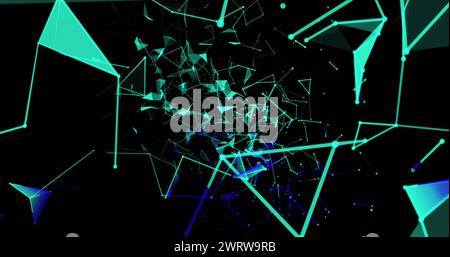 Bild des Verbindungsnetzes über der Explosion von Grünlichtspuren Stockfoto