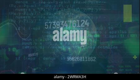 Bild von Daten, Globus, Zahlen und Diagrammen auf marineblauem Hintergrund Stockfoto