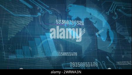 Abbildung von Finanzdaten mit Diagrammen, Globalverarbeitung auf digitaler Schnittstelle Stockfoto