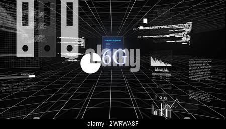 Bild der Verarbeitung von Finanzdaten und 6g-Text auf schwarzem Hintergrund Stockfoto