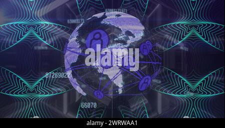 Bild der sich ändernden Zahlen über den Globus des Netzwerks von Profilsymbolen und Kaleidoskopstrukturen Stockfoto