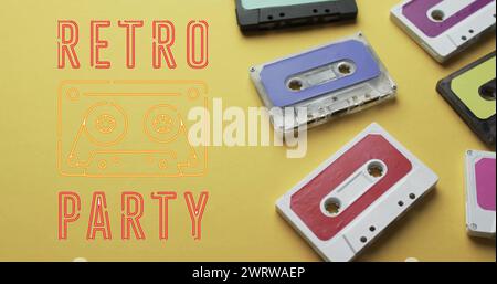 Bild des Textes der Retro-Party über Klebeband auf gelbem Hintergrund Stockfoto