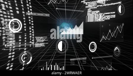 Bild von 6g Text, Datenverarbeitung über Raster auf schwarzem Hintergrund Stockfoto