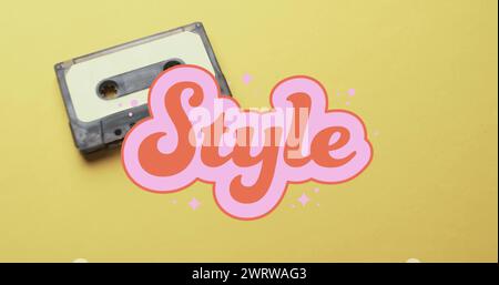 Bild des Stiltextes über Band auf gelbem Hintergrund Stockfoto