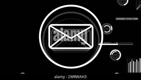 Bild der Verarbeitung von Finanzdaten und des E-Mail-Symbols auf schwarzem Hintergrund Stockfoto