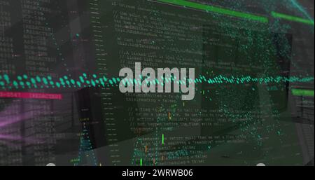 Abbildung von Diagrammen über Datenverarbeitung auf dunkelgrünem Hintergrund Stockfoto
