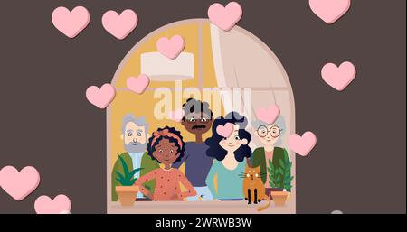 Bild einer vielfältigen Mehrgenerationsfamilie über braunem Hintergrund mit Herzen Stockfoto