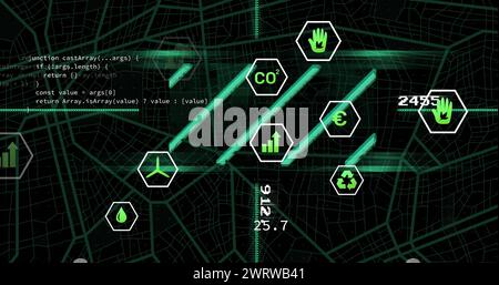 Bild von Symbolen für Datenverarbeitung und Ökologie auf schwarzem Hintergrund Stockfoto