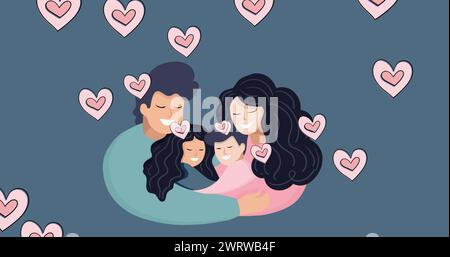 Bild glücklicher birassischer Eltern und Kinder über blauem Hintergrund mit Herzen Stockfoto