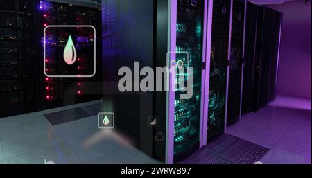 Abbildung von Ökosymbolen und Datenverarbeitung über Computerserver Stockfoto