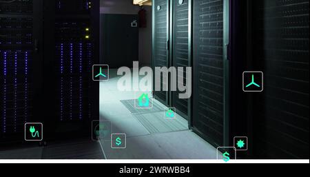 Abbildung von Ökosymbolen und Datenverarbeitung über Computerserver Stockfoto