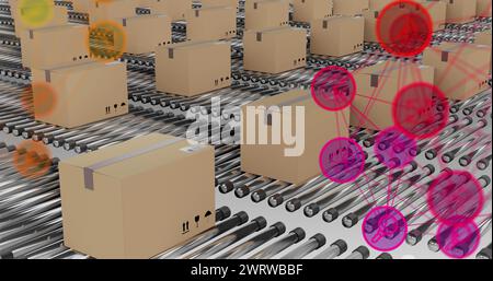 Abbildung: Verbindungsnetze über Kartonagen auf Förderbändern Stockfoto
