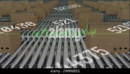 Abbildung der Nummernänderung und Datenverarbeitung über Kartonagen auf Förderbändern Stockfoto