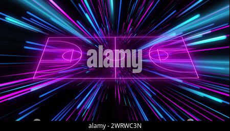 Bild eines pinkfarbenen Neon-Sportplatzes über pinkfarbenen und blauen Neon-Lichtpfaden Stockfoto