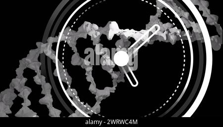 Bild der Uhr, die sich über den dna-Strang auf schwarzem Hintergrund bewegt Stockfoto