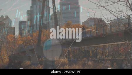 Bild von Finanzdaten und Grafiken über dem Stadtbild Stockfoto