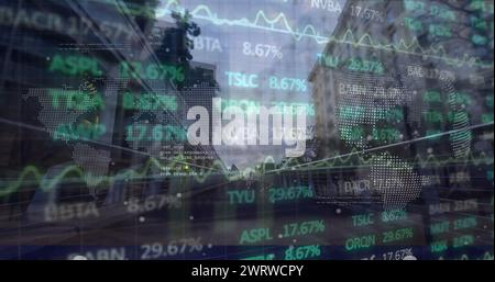 Bild von Finanzdaten und Grafiken über dem Stadtbild Stockfoto