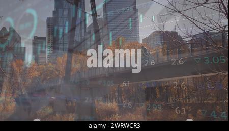 Bild von Finanzdaten und Grafiken über dem Stadtbild Stockfoto