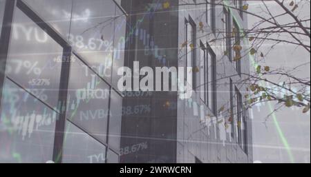 Ein Bild von Finanzgraphen und Daten über eine Stadtlandschaft Stockfoto