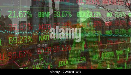 Bild von Finanzdaten und Grafiken über dem Stadtbild Stockfoto