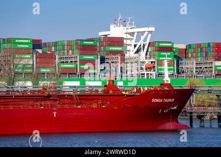 Containerschiff, das jemals begabt ist, fährt in den Hamburger Hafen an der Elbe ein, die Reederei Evergreen, Singapur, 399 m lang, kann über 20.000 Container transportieren Stockfoto