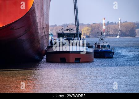 Der Hafen Hamburg, Waltershofer Hafen, EUROGATE Container Terminal, Containerfrachter Cap San Sounio, Reederei Hamburg Süd, wird vom Tankschiff betankt Stockfoto