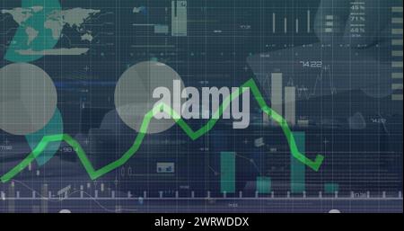 Bild von Diagrammen und Diagrammen, die Daten auf schwarzem Hintergrund verarbeiten Stockfoto