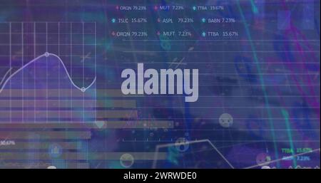 Bild von Diagrammen und Diagrammen, die Daten auf dunkelblauem Hintergrund verarbeiten Stockfoto