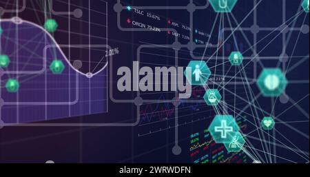 Bild der Welt der Verbindungen mit Symbolen und der Verarbeitung von Finanzdaten Stockfoto