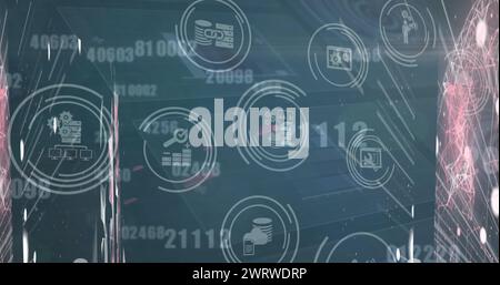 Abbildung der Symbole für die Geschäftskommunikation über Netzwerke von Verbindungen und Datenverarbeitung Stockfoto