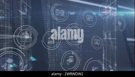 Bild mehrerer digitaler Symbole über Bildschirmen mit Datenverarbeitung vor blauem Hintergrund Stockfoto