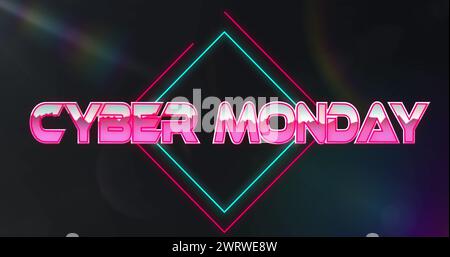 Bild des Textes des Cyber monday über Lichtspuren und Spots auf schwarzem Hintergrund Stockfoto