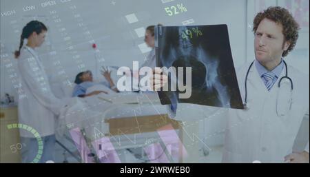 Bild der Infografik-Schnittstelle über dem Röntgenbild des kaukasischen Arztes Stockfoto