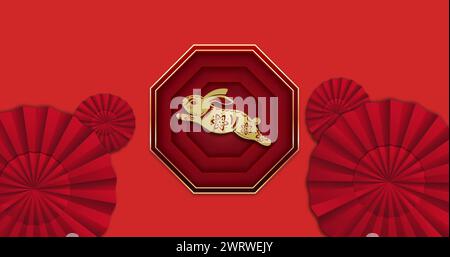 Bild des chinesischen Musters und der Dekoration des Kaninchenjahrs auf rotem Hintergrund Stockfoto