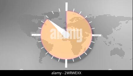 Bild eines orangen Uhrensymbols, das die Zeit über einer Weltkarte im Hintergrund 4k misst Stockfoto