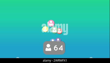 Digitales Bild von mehreren schwebenden farbigen menschlichen Symbolen über einer wachsenden Anzahl von Followern auf einem Stockfoto