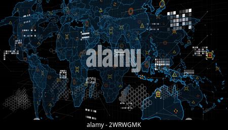 Digitales Bild der Datenverarbeitung über Weltkarte vor schwarzem Hintergrund Stockfoto