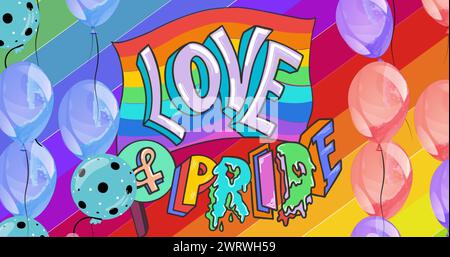 Bild von Ballons über Liebe und Stolz Text mit Regenbogen Hintergrund Stockfoto