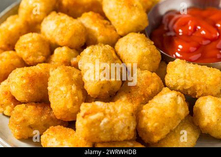 Hausgemachte gebackene gebratene Tater Tot Potatoes mit Ketchup Stockfoto