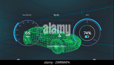 Bild der Autoschnittstelle über digitalem Fahrzeugmodell auf schwarzem Hintergrund Stockfoto