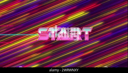 Bild des Anfangstextes über Neonbanner vor farbenfrohen Lichtspuren in nahtlosem Muster Stockfoto
