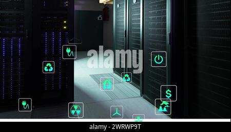 Abbildung von Ökosymbolen und Datenverarbeitung über Computerserver Stockfoto