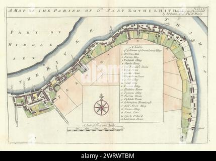 ROTHERHITHE. „Die Pfarrei St Mary Rotherhith“. STAU/STRYPE 1720 alte Karte Stockfoto