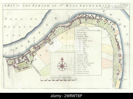 ROTHERHITHE. „Die Pfarrei St Mary Rotherhith“. STAU/STRYPE 1720 alte Karte Stockfoto